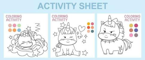 Activity sheet for children. 3 in 1 Educational printable worksheet. Coloring activity for kids. Coloring page with unicorn theme. Vector illustrations.
