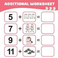 Counting unicorn activity for children. Mathematic worksheet for kids. Additional math worksheet. Count and write activity for kids. Vector file.
