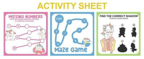 Activity sheet for children. 3 in 1 Educational printable worksheet. Missing numbers, maze game, and matching shadow worksheet. Vector illustrations.