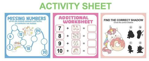 Activity sheet for children. 3 in 1 Educational printable worksheet. Missing numbers, counting worksheet and matching shadow worksheet. Vector illustrations.