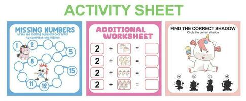 Activity sheet for children. 3 in 1 Educational printable worksheet. Missing numbers, counting worksheet and matching shadow worksheet. Vector illustrations.