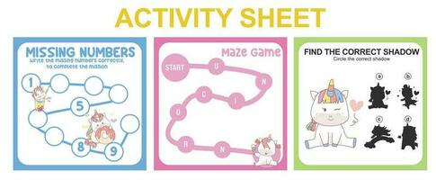 Activity sheet for children. 3 in 1 Educational printable worksheet. Missing numbers, maze game, and matching shadow worksheet. Vector illustrations.