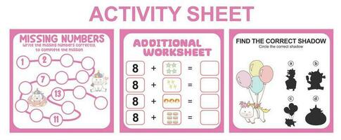 Activity sheet for children. 3 in 1 Educational printable worksheet. Missing numbers, counting worksheet and matching shadow worksheet. Vector illustrations.