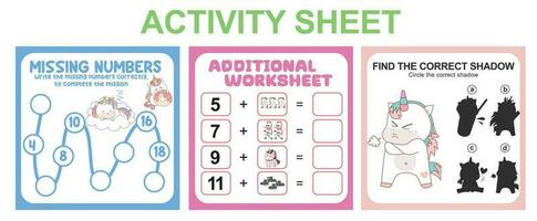 Activity sheet for children. 3 in 1 Educational printable worksheet. Missing numbers, counting worksheet and matching shadow worksheet. Vector illustrations.