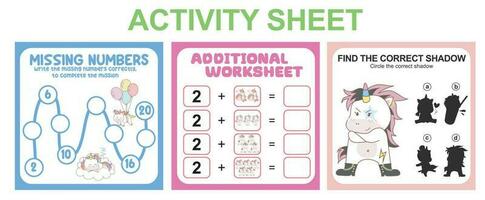 Activity sheet for children. 3 in 1 Educational printable worksheet. Missing numbers, counting worksheet and matching shadow worksheet. Vector illustrations.