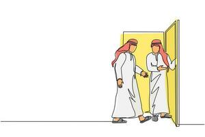 un solo dibujo de línea continua hombre de negocios árabe en la puerta da la bienvenida a su amigo. el hombre está invitando a su amigo a entrar en su casa. concepto de hospitalidad. ilustración de vector de diseño gráfico de dibujo de una línea