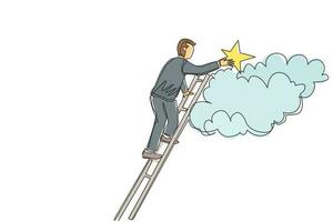 Continuous one line drawing businessman is standing on stairs and reaching star on the sky. Goals and dreams. Business, career, achievement concept. Single line draw design vector graphic illustration