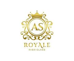 Golden Letter AS template logo Luxury gold letter with crown. Monogram alphabet . Beautiful royal initials letter. vector