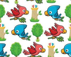 Seamless pattern vector of cartoon birds with it cubs in nest on tree stump, forest elements