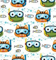 Seamless pattern vector of funny cat and frog in diving goggles, fish on bubble water background