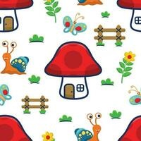 Seamless pattern vector of mushroom house with snail, flower, fence and butterfly