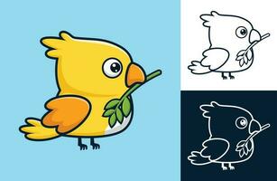 Cute bird with leaf in it beak. Vector cartoon illustration in flat icon style