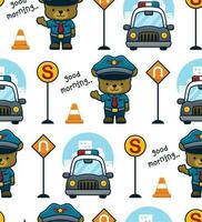 Seamless pattern vector of funny bear in policeman uniform with patrol car and traffic signs
