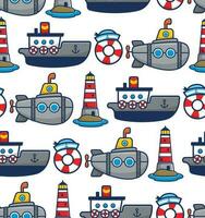 Seamless pattern vector of cartoon ship with submarine, sailing elements illustration