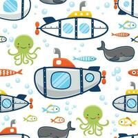 Seamless pattern vector of submarine with marine animals, undersea elements illustration