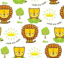 Seamless pattern vector of cartoon lion and lioness with crown and trees