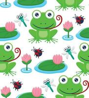 Seamless pattern vector of  cartoon funny frog and bugs, lotus plant in the swamp