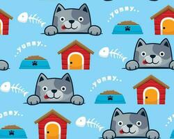 Seamless pattern vector of cartoon kitten with pet elements illustration