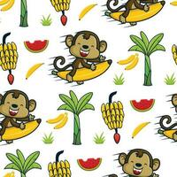 Seamless pattern vector of funny monkey riding flying banana, banana tree and fruits