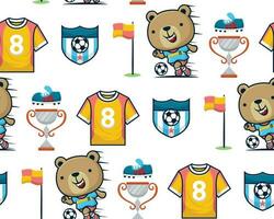 Seamless pattern vector of cartoon funny bear playing soccer, soccer elements illustration