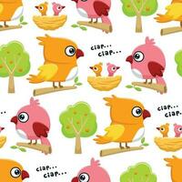 Seamless pattern vector of cartoon funny colorful birds on tree branches, bird cubs in the nest, tree with fruit