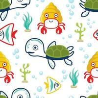 Seamless pattern vector of marine animals cartoon. Turtle with fish and hermit crab