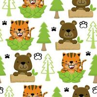 Seamless pattern vector of cartoon tiger with bear playing hide and seek in jungle