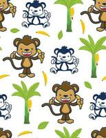 Seamless pattern vector of cartoon funny monkey holding banana fruit, banana tree and leaf