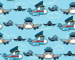 Seamless pattern vector of cartoon funny airplane wearing pilot hat on clouds background