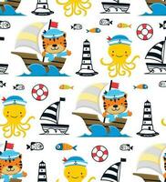 Seamless pattern vector of funny cat in sailor costume on sailboat, funny marine animals, sailing elements illustration