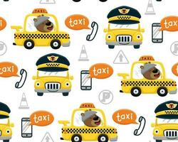 Seamless pattern vector of cartoon bear driving taxi, mobile transportation elements and traffic signs