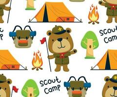 Seamless pattern vector of camping elements with cute bear in scout uniform