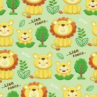 Seamless pattern vector of cartoon funny lion family with trees and leaf