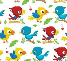 Seamless pattern vector of cartoon colorful birds on tree branches, leaves and fruits