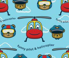 Seamless pattern vector of smiling helicopter cartoon with funny bear pilot