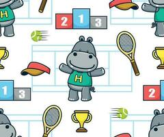 Seamless pattern vector of funny hippo cartoon with court tennis sport elements