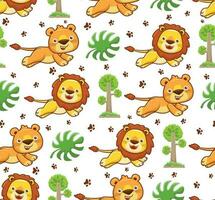 Seamless pattern vector of cartoon lion with trees, leaves and footprint