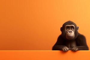 Gorilla sitting on orange background with copy space for text. photo