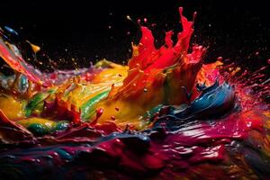 Colorful paint splashes isolated on black background, abstract background. photo