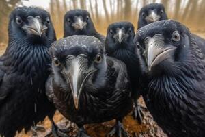 cerca arriba de un grupo de negro cuervo autofoto generativo ai foto