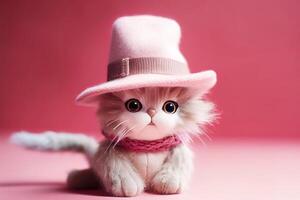 Cute plush kitten in a hat on a pink background. . photo