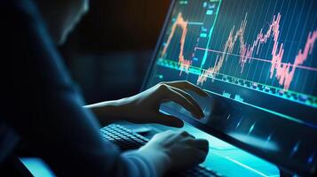 Human touching a screen with financial stock market trading. . photo