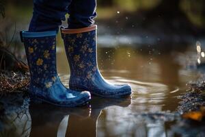 Kid in a rubber boots in a puddle. . photo