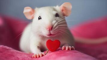 linda blanco ratón con un pequeño rojo juguete corazón. generado ai. foto