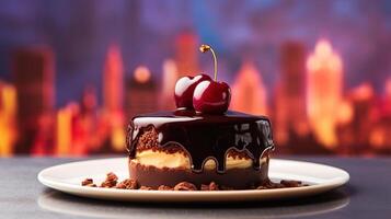 Creamy chocolate cake with cherry on top on a blurred city background. . photo