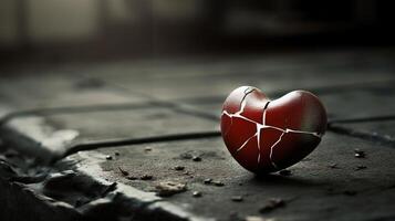 Cracked red heart on a gray pavement. . photo