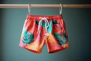 Colorful swimming shorts hanging on a rope. . photo