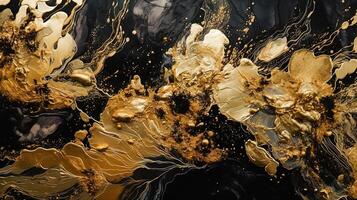 Black and gold liquid paint flowing in flow texture. . photo