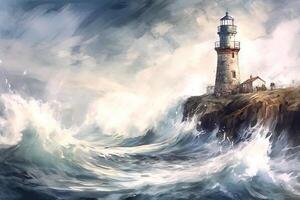 Watercolor of a lighthouse against a raging sea storm. . photo