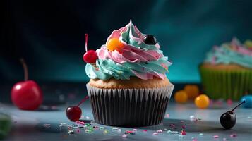 Delicious cupcake with colorful cream icing. . photo